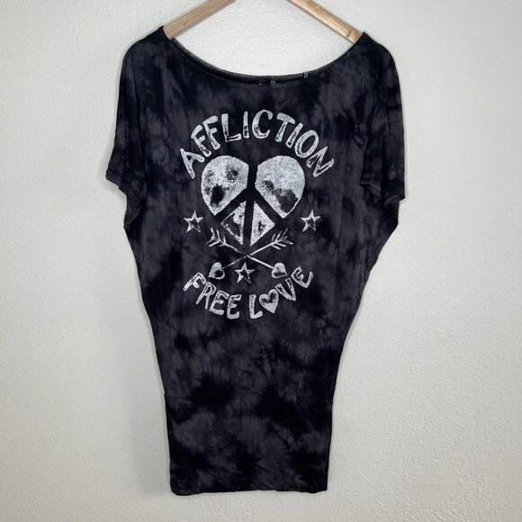 Affliction Black Premium Grunge Free Love Black Tie-Dye Tunic T-Shirt Dress XS - Picture 2 of 8